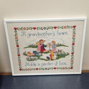 Vintage Cross Stitch Sampler, A Grandmother's Heart Holds a Garden of Love
